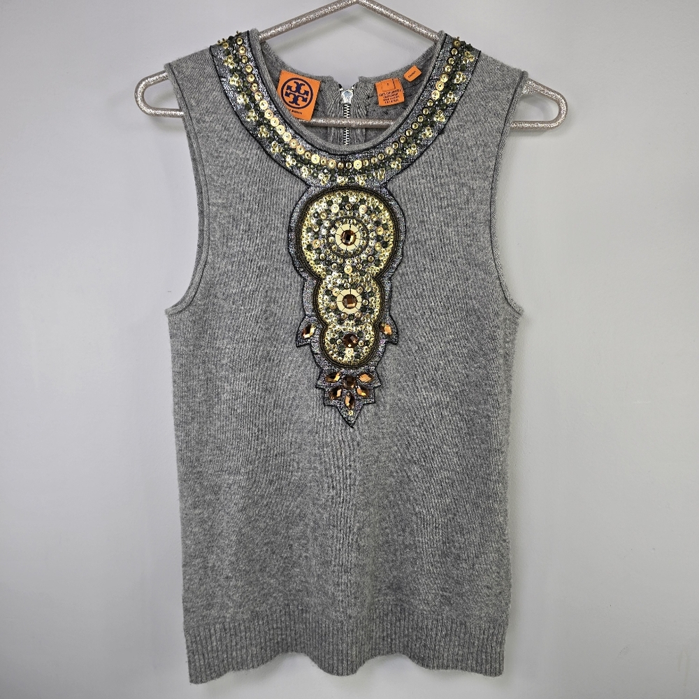 TORY BURCH BLACK 100% CASHMERE EMBELLISHED RHINESTONE SLEEVELESS SWEATER VEST SM